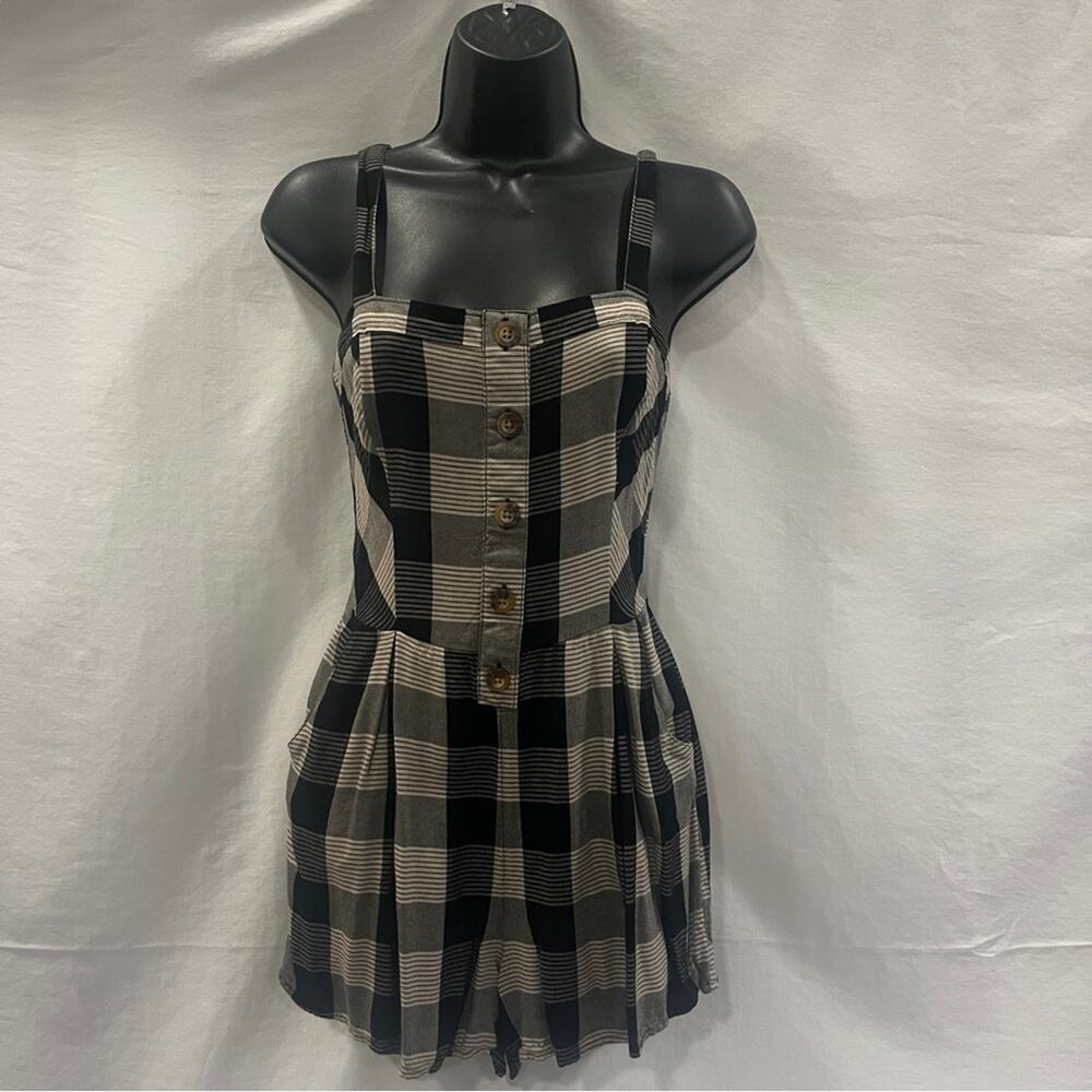 Hollister Romper Plaid Womens Small Black Tan Sleeveless Pockets Summer Beach